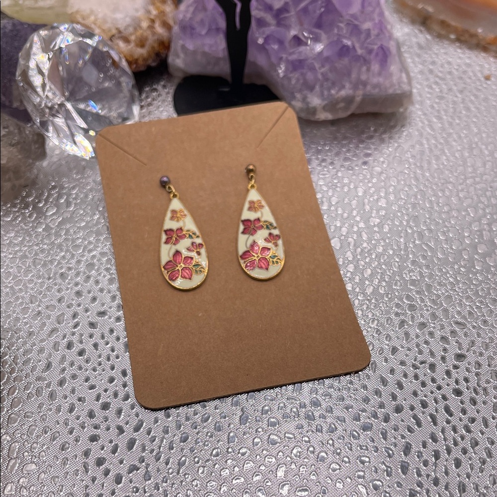 Fish Cloisonné Floral Teardrop Earrings - Pink and Gold